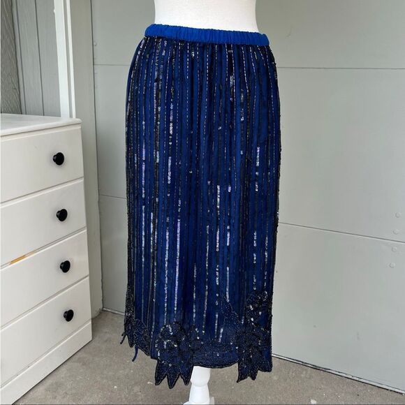 VTG Mark & John II Beaded Silk Skirt Black Blue Floral Hem 90s Evening - Picture 5 of 5
